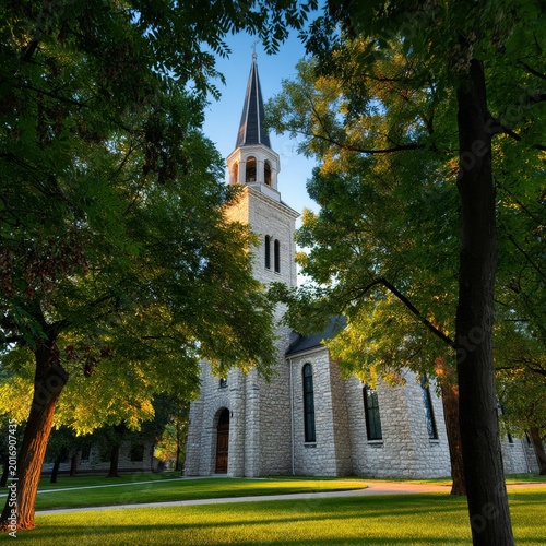 Church Stands Among Green Trees in Evening Light With Tall Spire and Clear Sky