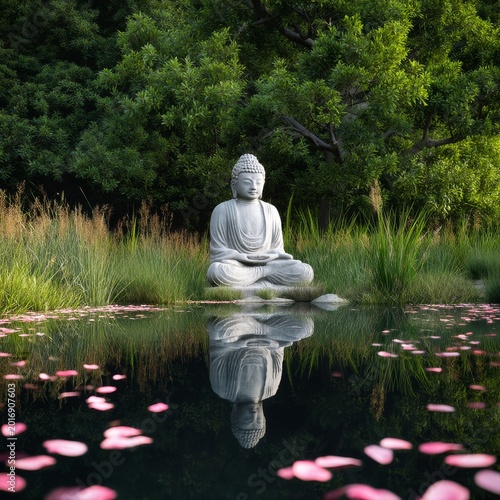 Buddha Statue Sits by a Pond Surrounded by Green Plants and Pink Petals in Af...