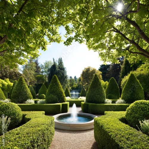 Beautiful Garden With Trimmed Hedges and Fountain on a Sunny Day