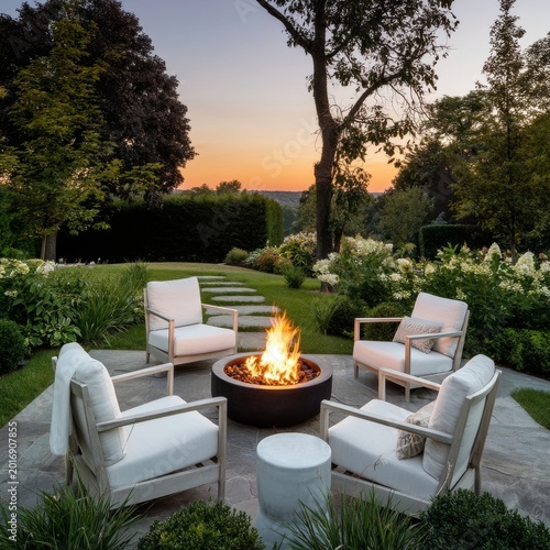 Cozy Fire Pit Gathering in Garden During Sunset, Perfect for Friends and Fami...