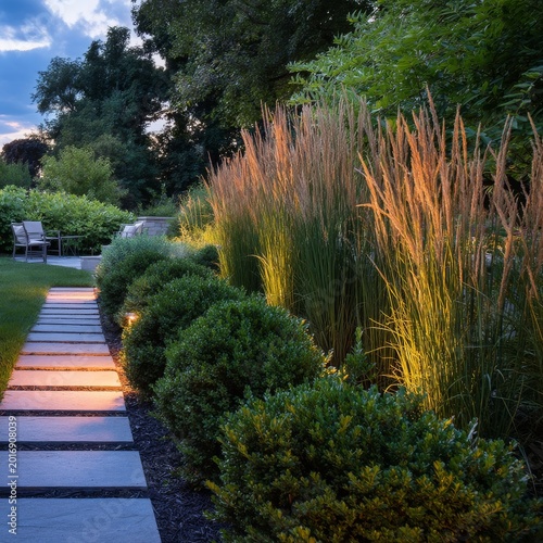 Evening Garden Path With Lights and Grass Along the Walkway Near the Seating ...