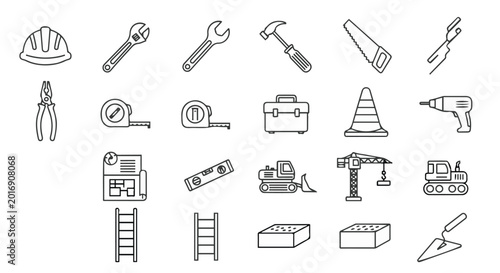 Foto Vintage hand drawn vector set of musical instruments and construction tools icon