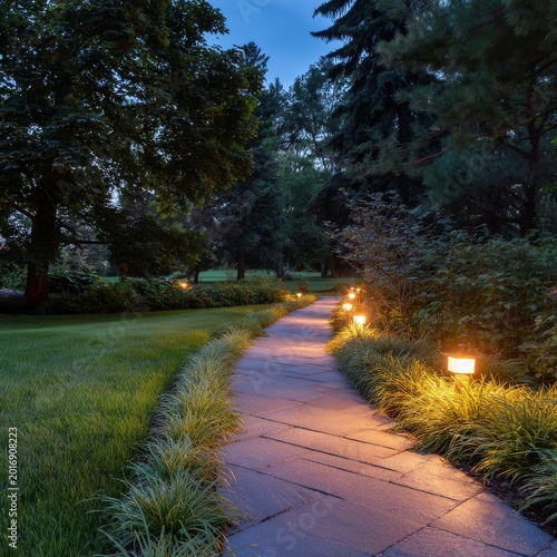 Lighted Path in a Garden During Evening Hours With Trees and Plants Along the...