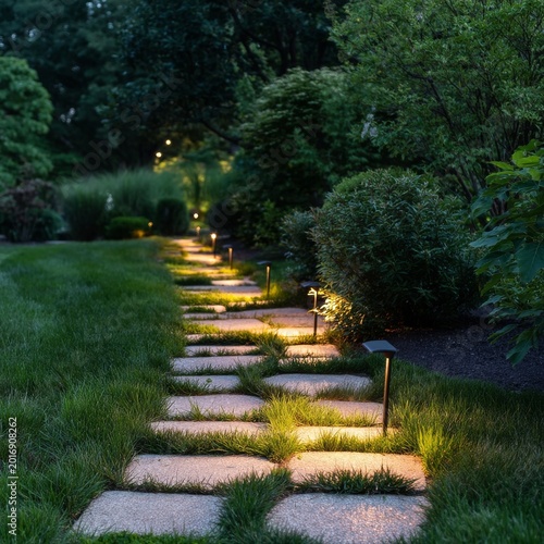 Lighted Path in a Garden During Evening Hours With Trees and Plants Along the...