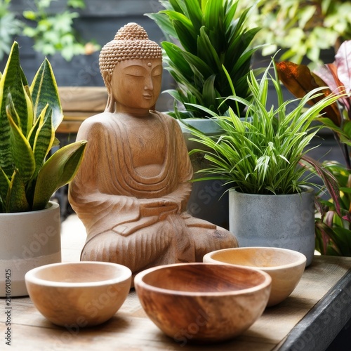 Wooden Buddha Statue With Bowls and Plants Arranged on a Table During Dayligh...