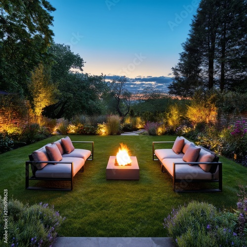 Cozy Outdoor Seating Area With Fire Pit in a Garden During Evening Time