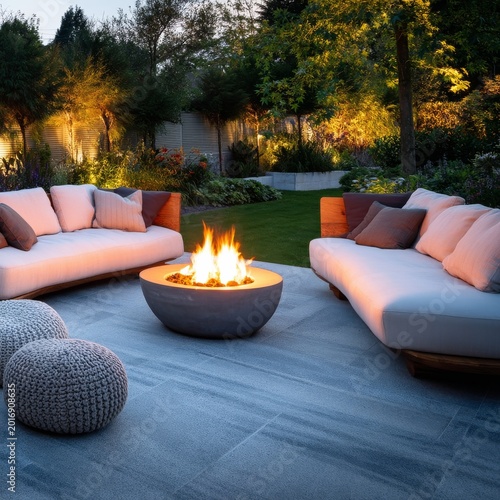 Cozy Outdoor Seating Area With Fire Pit in a Garden During Evening Time