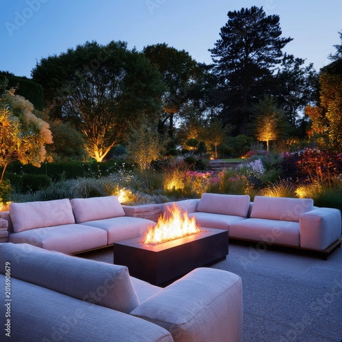 Cozy Seating Area With Fire Pit in Garden During Evening Hours