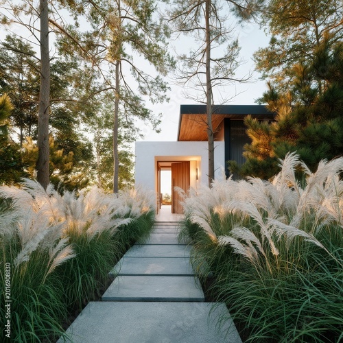 Modern House With a Pathway Surrounded by Grass and Plants During the Day in ...