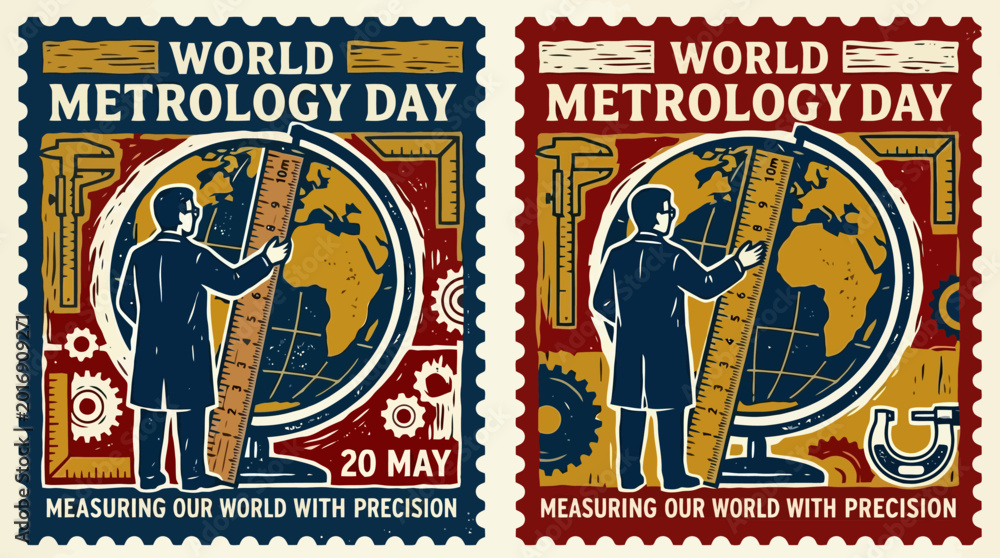 Obraz premium World Metrology Day Stamp, Scientist Measuring Earth Globe with Ruler