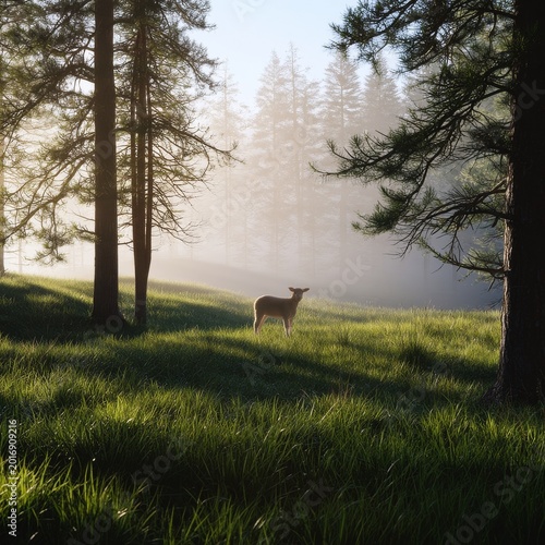 Sheep Stands in a Misty Forest With Sunlight Shining Through the Trees in the...