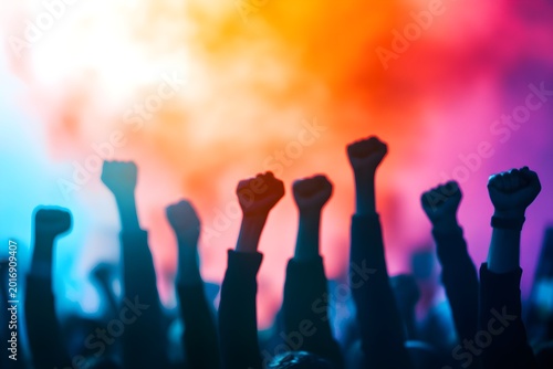 Silhouetted fists raised in protest against colorful smoke background