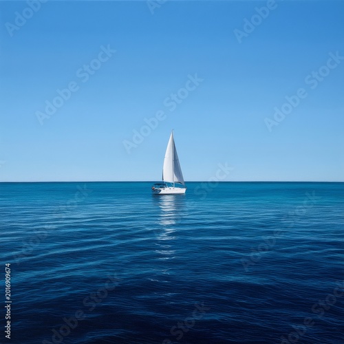 Sailboat Moves Across Calm Waters Under Clear Blue Sky in Sunny Weather