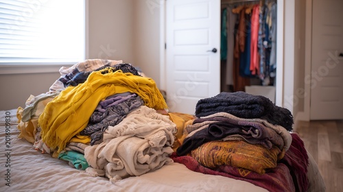 Large Pile of Unfolded Clothes in Bedroom / 寝室にある山積みの洗濯物