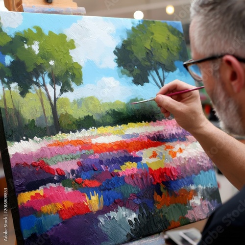 Artist Creates a Colorful Landscape Painting With Trees and Flowers in a Brig...