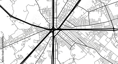 Photos Aerial view of a complex highway interchange and city map.