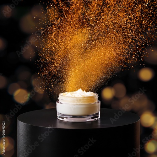 Cream Jar With Golden Dust Rising on Black Background During a Product Shoot ...