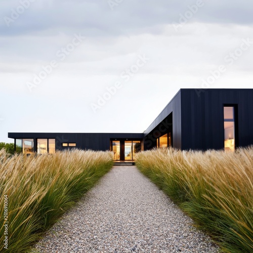 Modern House With Large Windows Surrounded by Grass Path and Cloudy Sky in Ev...