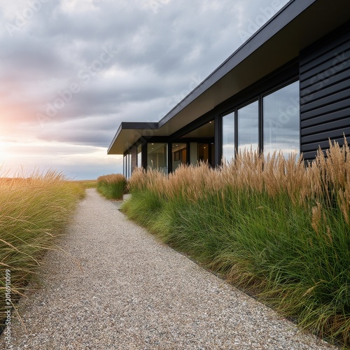 Modern House With Large Windows Surrounded by Grass Path and Cloudy Sky in Ev...