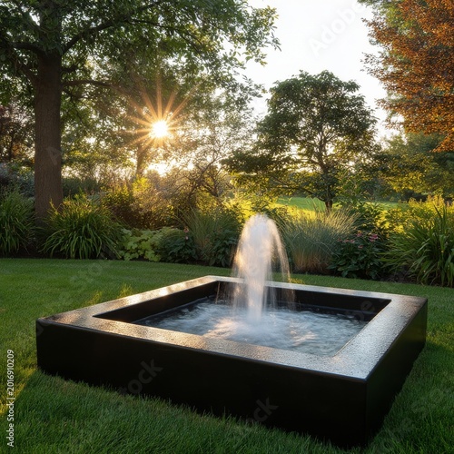Fountain in a Garden During Sunset With Trees and Grass Around