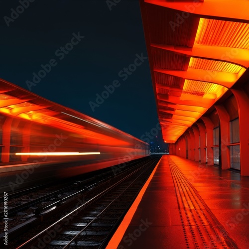 Train Arrives at Station During Night With Bright Lights Illuminating the Pla...