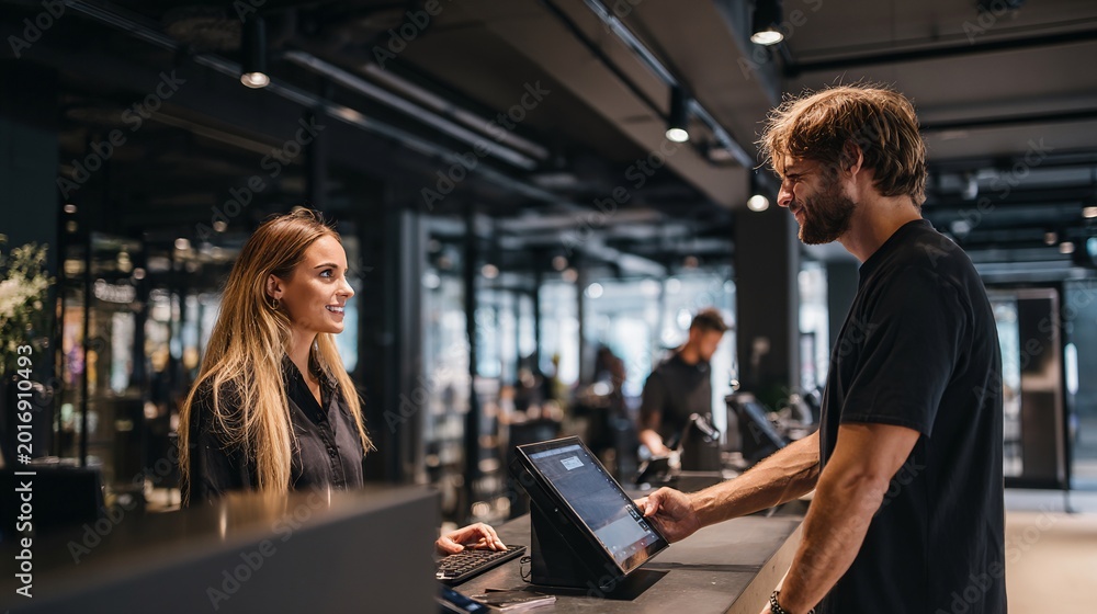 Obraz premium A female staff member, smiling and engaged, assists a male customer at a modern reception in a stylish retail space.