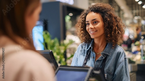 A cheerful young woman with curly hair assists a customer at the checkout counter in a modern retail store.