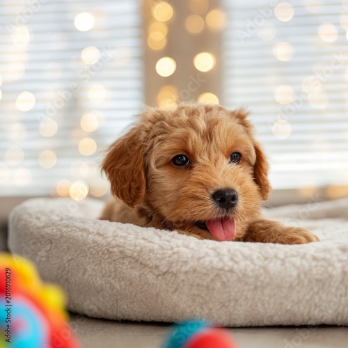 Cute Puppy Resting on Bed With Colorful Toys in Sunny Room During the Day