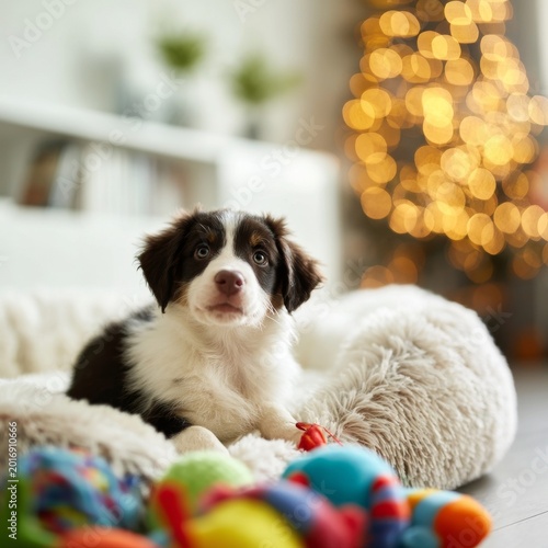 Cute Puppy Lies on Bed Surrounded by Colorful Toys in a Room With a Decorated...