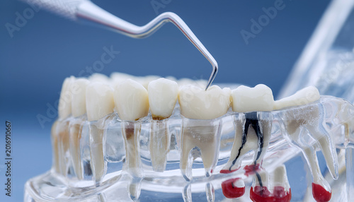 Fotografía Macro close-up of a transparent dental anatomical jaw model with a metal explorer probe