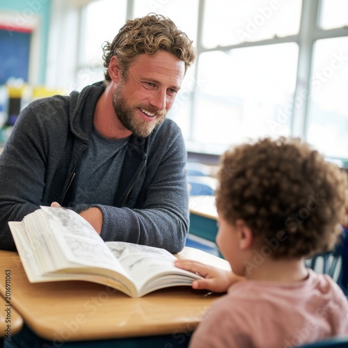 Man Helps Child Learn in Classroom During Reading Session in Daytime