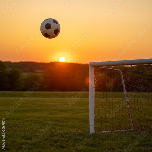 Soccer Ball in the Air Near Goal During Sunset on a Grassy Field