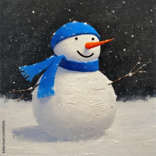 Snowman Stands in a Snowy Field Under a Clear Blue Sky During Winter