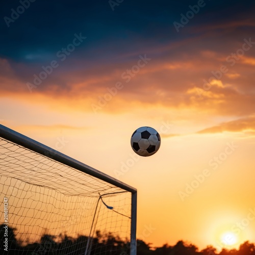 Soccer Ball in the Air Near Goal During Sunset on a Grassy Field