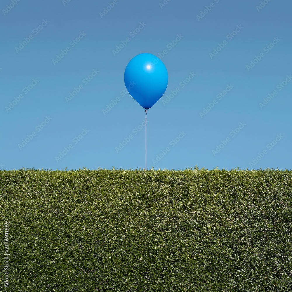 Fototapeta premium Blue Balloon Floats Above Green Field Under Clear Blue Sky During Bright Sunny Day