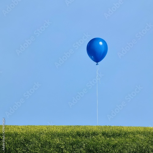 Blue Balloon Floats Above Green Field Under Clear Blue Sky During Bright Sunn...