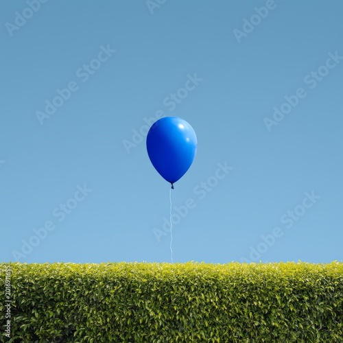 Blue Balloon Floating Above Green Hedge Under Clear Sky in Daytime