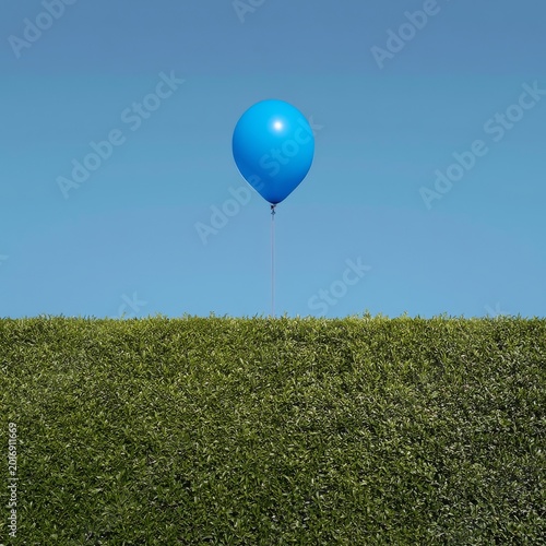Blue Balloon Floats Above Green Field Under Clear Blue Sky During Bright Sunn...