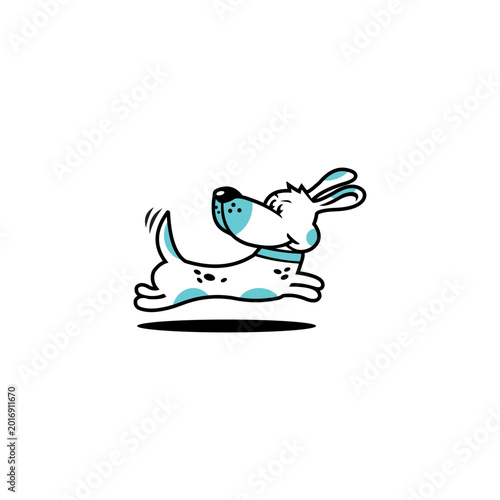 Cute dog mascot logo with playful running pose and minimalist cartoon style, symbolizing energy, happiness, fun branding, creativity, and friendly character design.