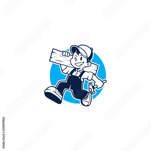 Friendly cartoon delivery worker mascot carrying wooden planks in a fun vintage illustration style, symbolizing construction, delivery service, handyman work, logistics, and reliable craftsmanship.