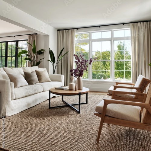 Bright Living Room With Large Windows Showing Green Landscape in Daytime