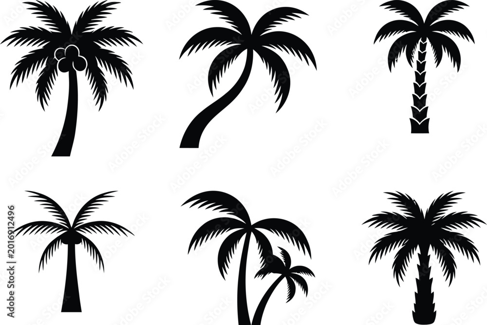 Naklejka premium Tropical palm tree silhouette vector illustration set for summer beach design