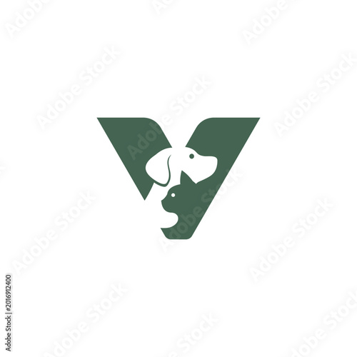 Creative logo combining the letter V with dog and cat silhouettes in minimalist geometric style, symbolizing pet care, veterinary services, animal love, trust, companionship, and professional branding