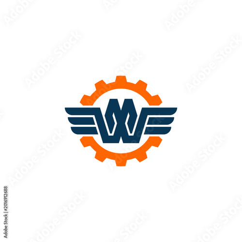 Creative industrial logo featuring a combined M and W lettermark with wing and gear elements, suitable for automotive, engineering, and technology branding.