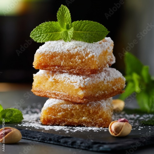 Three Squares of Dessert Are Stacked on a Dark Plate