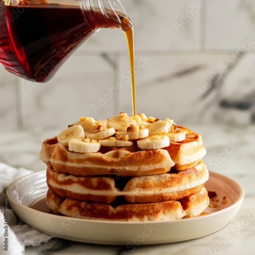 Waffle Stack With Banana Slices and Syrup on a Plate in a Kitchen Setting