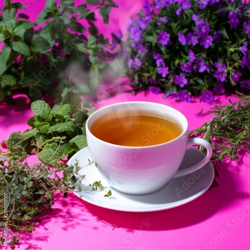 Hot Tea in a White Cup on a Pink Table With Herbs and Flowers Nearby