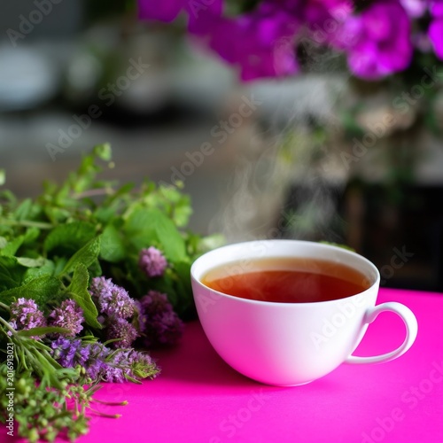 Hot Tea in a White Cup on a Pink Table With Herbs and Flowers Nearby