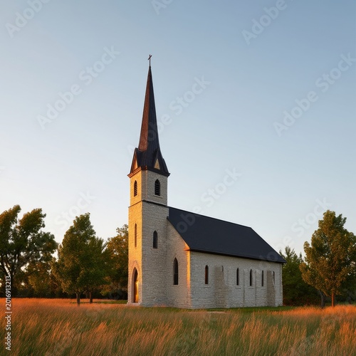 Sunlight Shines on a Church Tower With Trees and Flowers in the Foreground Du...