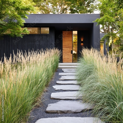 Modern House Entrance With Stone Path and Tall Grass in the Foreground